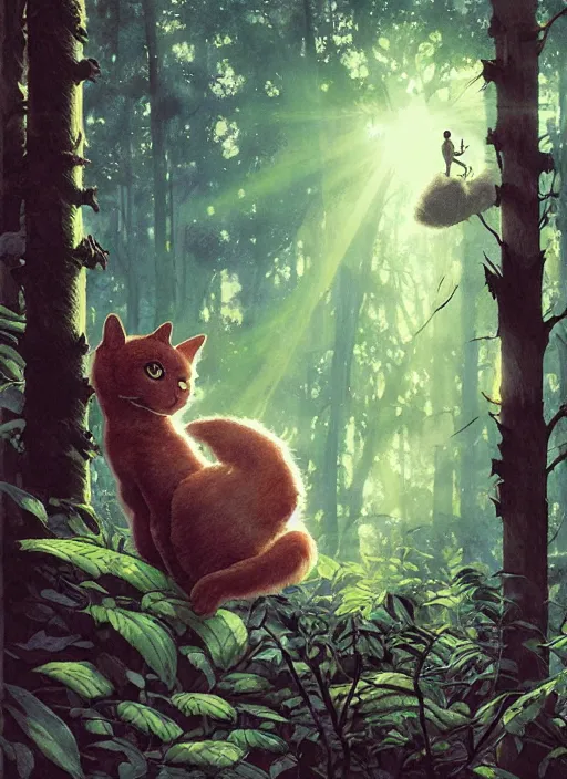 Image similar to a hyper realistic ink cat alien technology and sunbeams blue sky, lush forest foliage painting by chiara bautista and norman rockwell and greg rutkowski weta studio, and lucasfilm