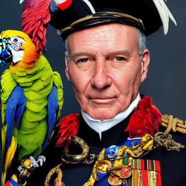 Prompt: close - up octane render portrait by wayne barlow and carlo crivelli and glenn fabry, an extremely elegant bold stern well - dressed admiral in a very powerful uniform, holding a colorful parrot, inside a colorful highly - themed nautical bar, very short depth of field, bokeh