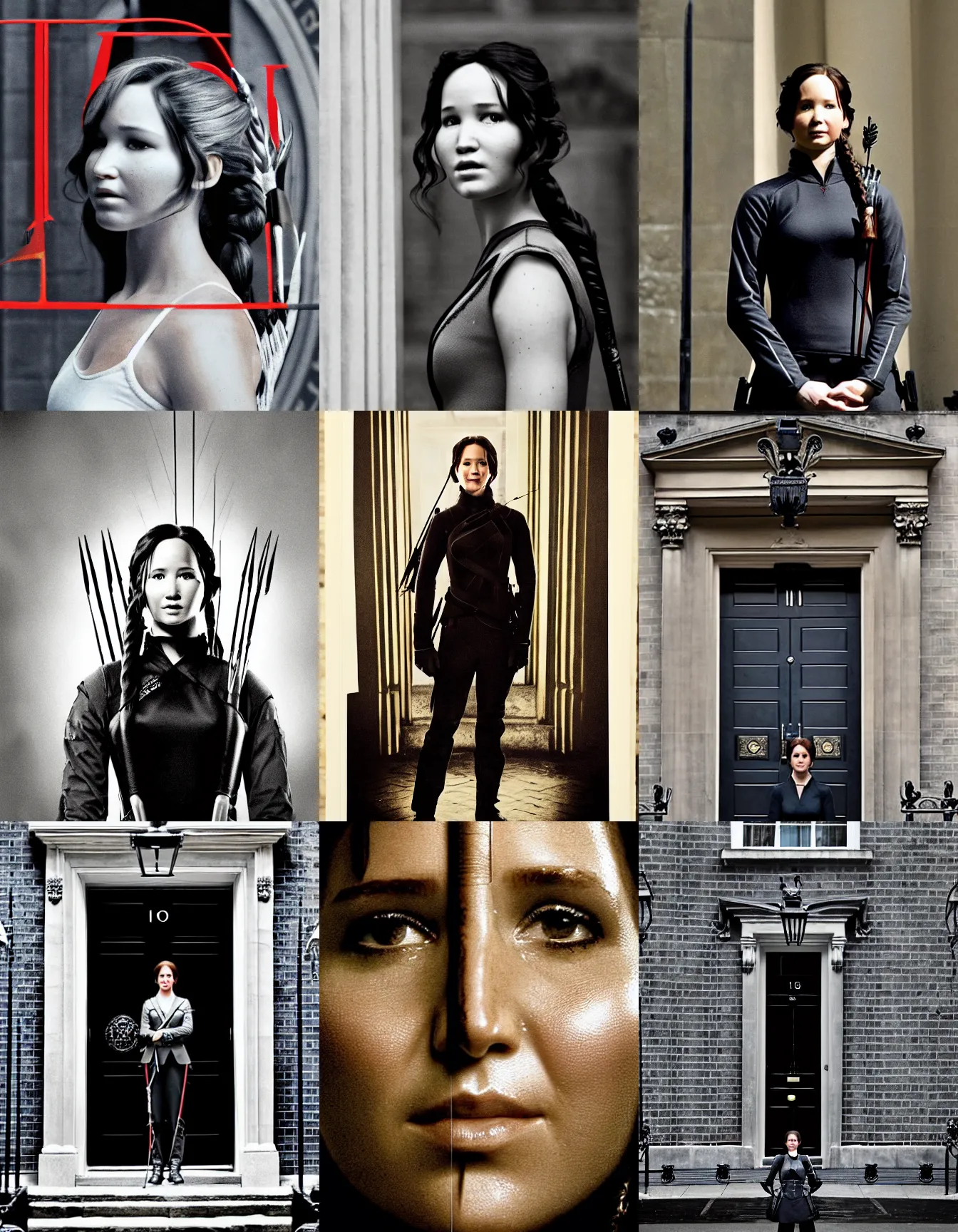 Prompt: katniss everdeen as the prime minister of england, standing in front of 1 0 downing street, photo portrait by annie leibovitz, closeup, head and shoulders in frame