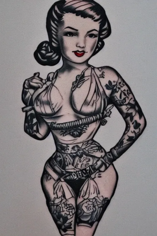 Image similar to traditional American tattoo of a pinup doll, WWII style, detailed