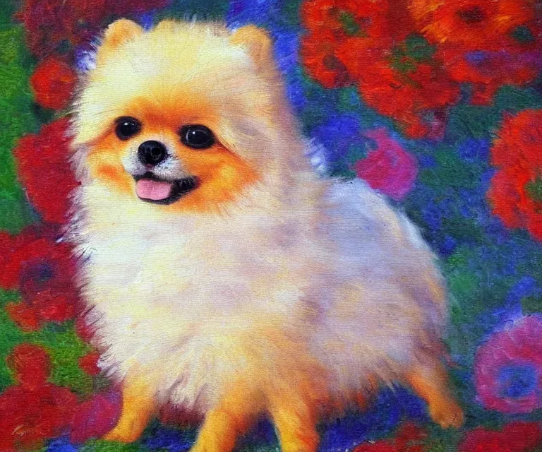 Image similar to pomeranian, cute, monet, oil painting