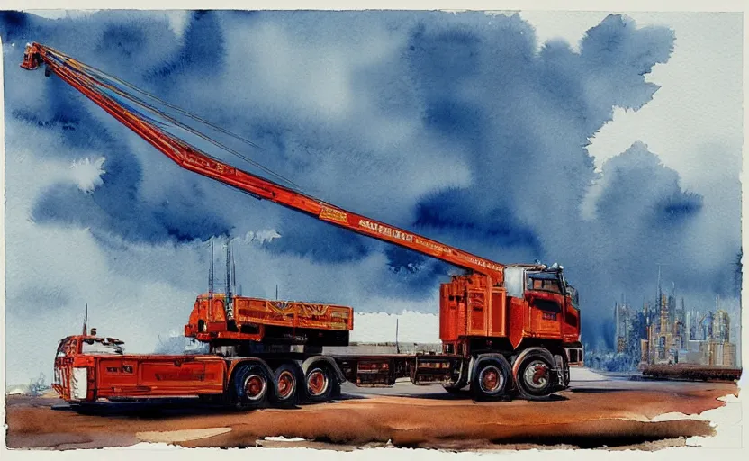 Prompt: crane truck, colorful watercolor. by rembrant, battle angel alita, ralph mcquarrie, aluminum, 1 6 6 7