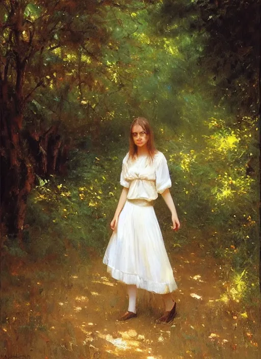 Image similar to A girl wearing a white skirt in the forest, by Vicente Romero Redondo