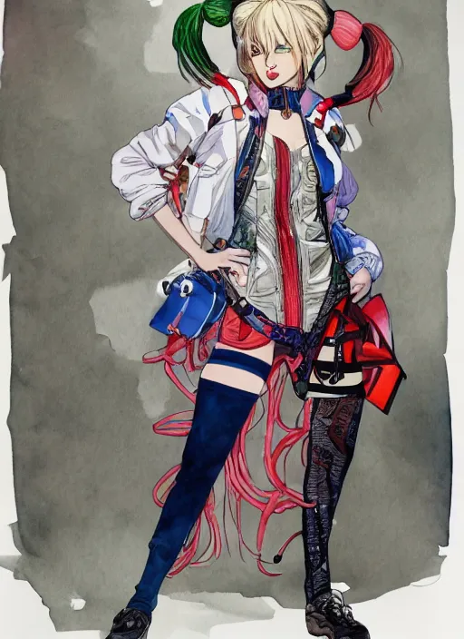 Prompt: a watercolor portrait illustration by david rappeneau and alphons mucha of an anime girl as harley quinn highly detailed anime eyes wearing streetwear clown suit lots of zippers, pockets, synthetic materials, jumpsuits by issey miyake and balenciaga 8 k