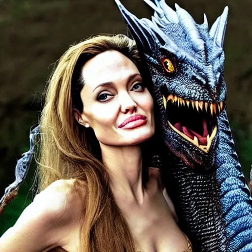 Prompt: angelina jolie as khaleesi riding a dragon