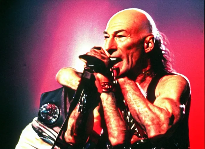 Image similar to publicity photo still of patrick stewart in motley crue live on stage 1 9 8 8, 8 k, live concert lighting, mid shot