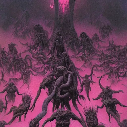 Image similar to pink hell, by wayne barlowe.