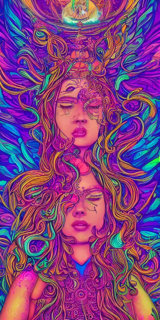 Prompt: 8k detailed psychedelic abstract illustration of a goddess projecting her dreams, detailed, intricate, elegant, highly detailed, digital painting, artstation, smooth, sharp focus