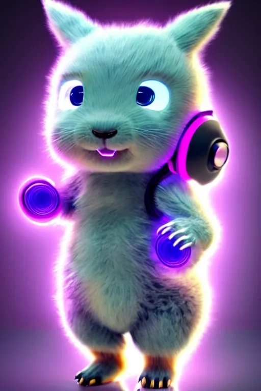 Image similar to high quality 3 d render neo - cyberpunk very cute half fluffy! wombat!! half cyborg with big headphones, pastel mechanical! paw, cyberpunk monocle!, highly detailed, unreal engine cinematic smooth, in the style of detective pikachu, hannah yata charlie immer, neon purple light, low angle, uhd 8 k, sharp focus