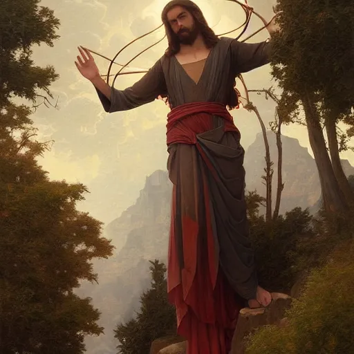 Prompt: christ on the mountain, landscape, intricate, elegant, highly detailed, digital painting, artstation, concept art, smooth, sharp focus, illustration, art by artgerm and greg rutkowski and tomas scholes and william - adolphe bouguereau