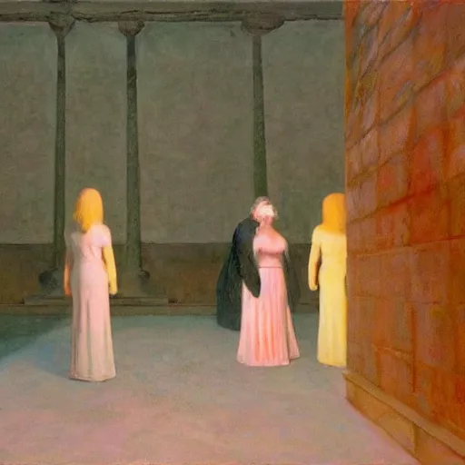 Prompt: procession of women in an haunted liminal abandoned temple, film still by edward hopper, by gottfried helnwein, by klimt, art noveau, highly detailed, strong lights, liminal, eerie, bright pastel colors,