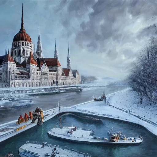 Prompt: an extremely realistic painting depicting the coronation of viktor orban on the frozen danube, detailed, intricate, elegant, fat, highly detailed, digital painting, artstation, concept art, smooth, sharp focus, illustration,