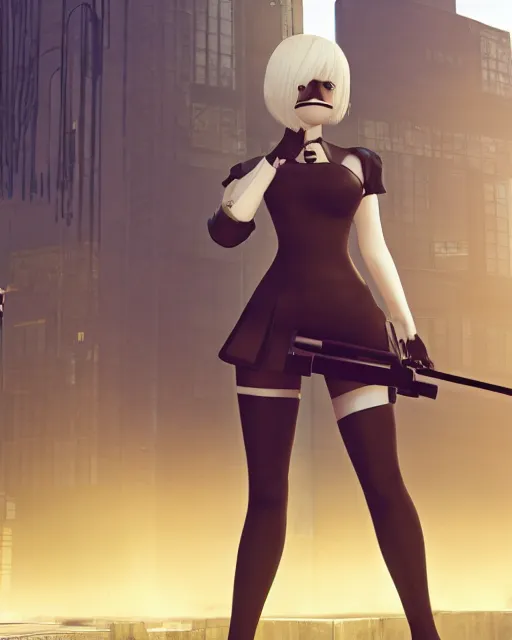 Prompt: 2B from Nier Automata and with slender body type standing in front of a large building holding a pistol, GTA 5 loading screen cover, cartoon illustration, 8k