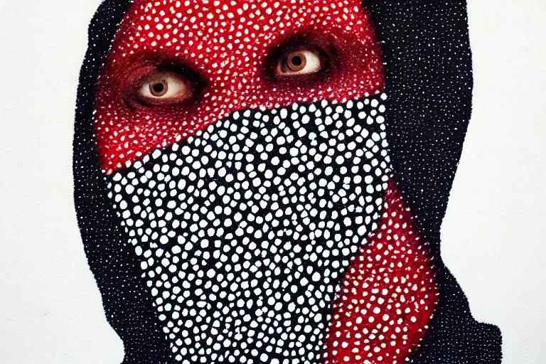 Image similar to anxiety faceless people dark, dots, drip, stipple, pointillism, technical, abstract, minimal, style of francis bacon, asymmetry, pulled apart, cloak, hooded cowl, made of dots, abstract, balaclava mask, colored dots, sploch