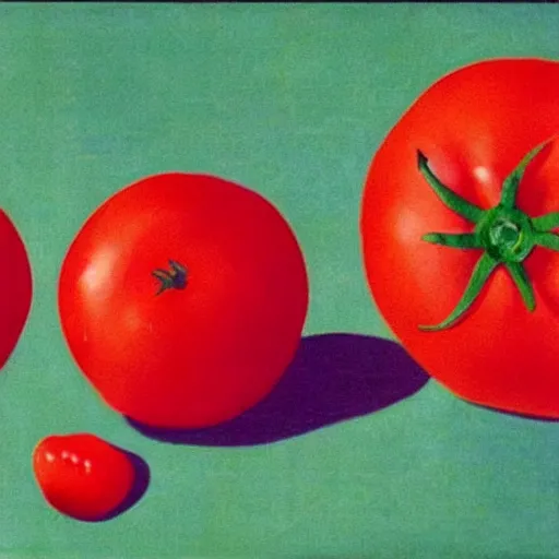 Prompt: attack of the killer's tomatoes. rene magritte style