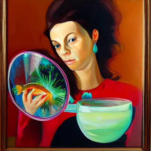 Prompt: a beautiful woman holding a gift. The gift is a fishbowl. The fishbowl has fish inside. Colorful. Oil on canvas.