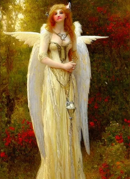 Image similar to vertical prtrait of an angel knight gothic girl, baroque dress. by gaston bussiere