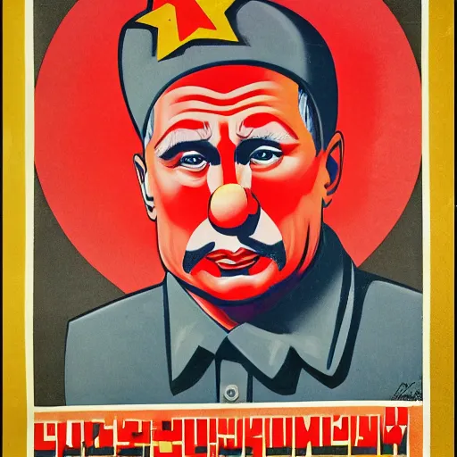 Image similar to communist clown portrait, soviet propaganda style, poster, putin