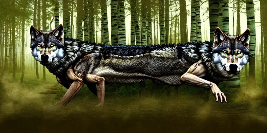 Image similar to chimera made of a wolf and a crocodile, awarded on pixiv, trending on deviantart, realistic birch wood swamp, professional photoshop utilizing real life photos