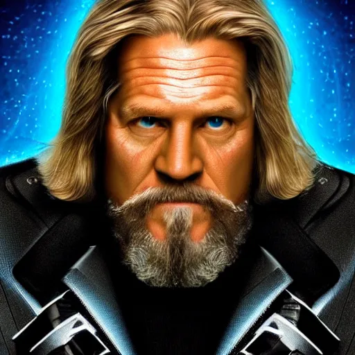 Image similar to dude lebowski played by jeff bridges ( accurate facial proportions ), in tron world, photorealistic movie still, detailed 8 k, poster style, high resolution