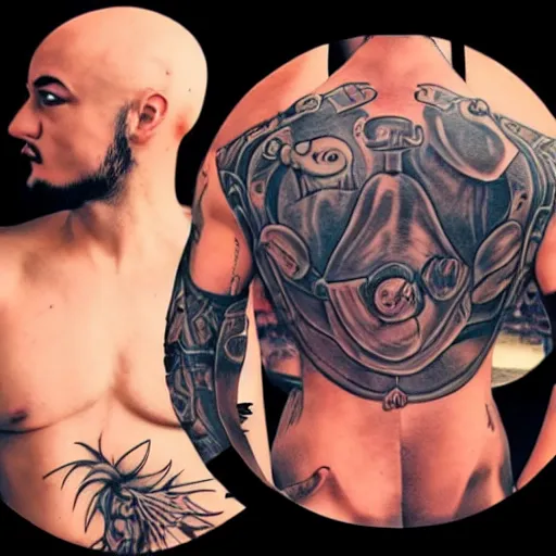 Image similar to muscular bald man, tattooed body, sword in hands, HD, anime style,