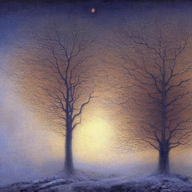 Prompt: a beautiful digital painting of a tree! of immense size, with branches! reaching the sky, by odd nerdrum and gu hongzhong. 8 k high resolution. highly detailed. 8 k resolution. vivid color hues, winter, snow, morning!, sunrise!