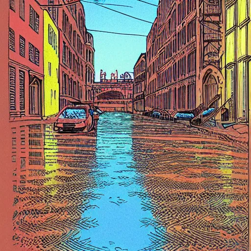 Image similar to water flowing through the streets in brooklyn, color, front view, drawing by moebius