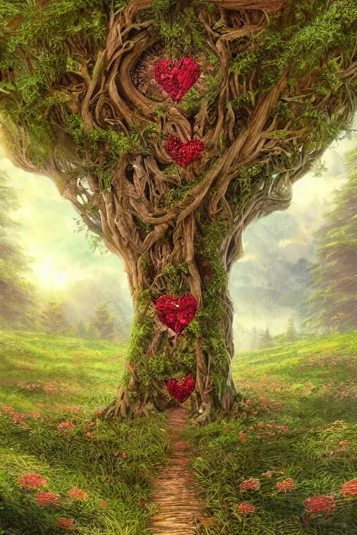 Prompt: a beautiful digital illustration painting of a detailed fantasy tree with a heart carved in the trunk grass and flowers by james gurney and, 8 k resolution trending on artstation concept art digital illustration