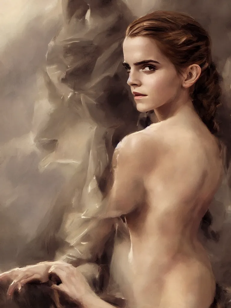 Image similar to close up of emma watson in full leather armor, cinematographic shot, by vladimir volegov and alexander averin and delphin enjolras and daniel f. gerhartz