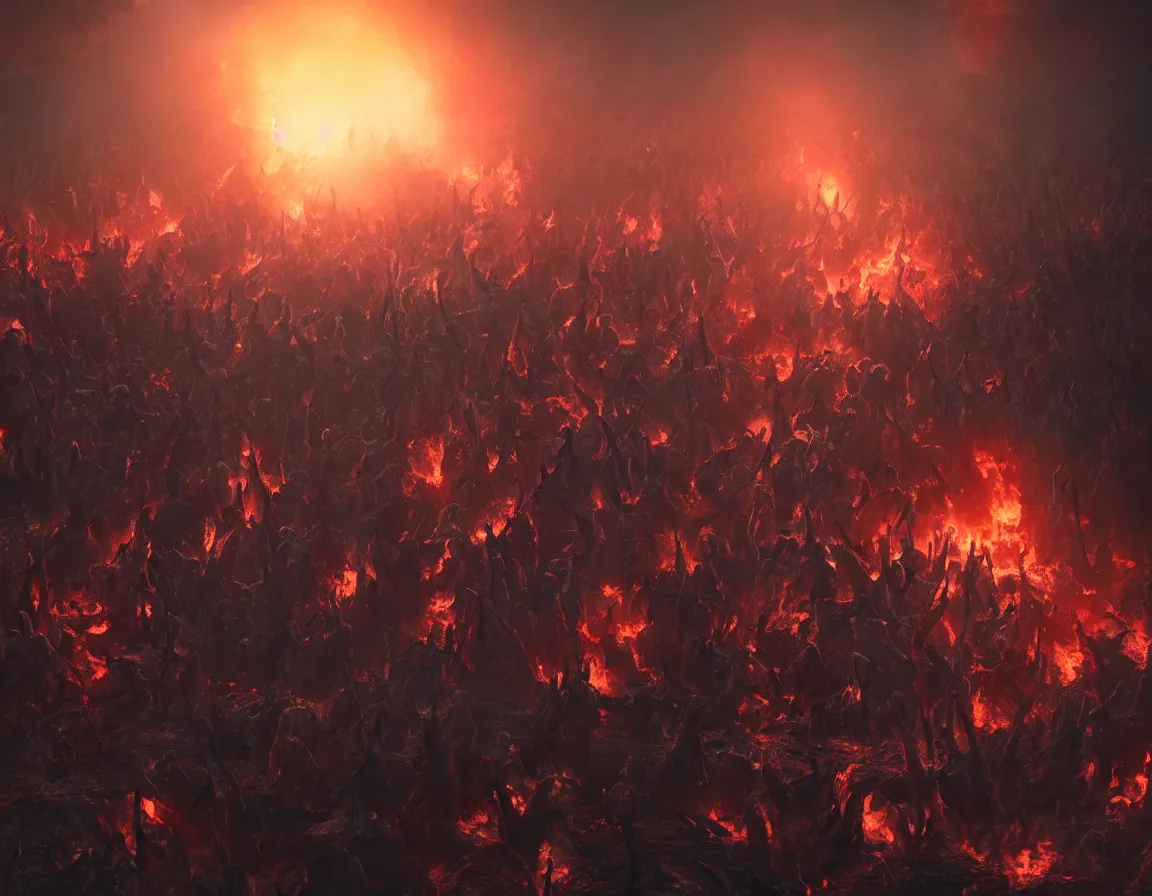 Prompt: undead in burning hell trying to reach for heaven above. artstation. highly detailed painting. realistic. cinematic. volumetric lighting. octane render.