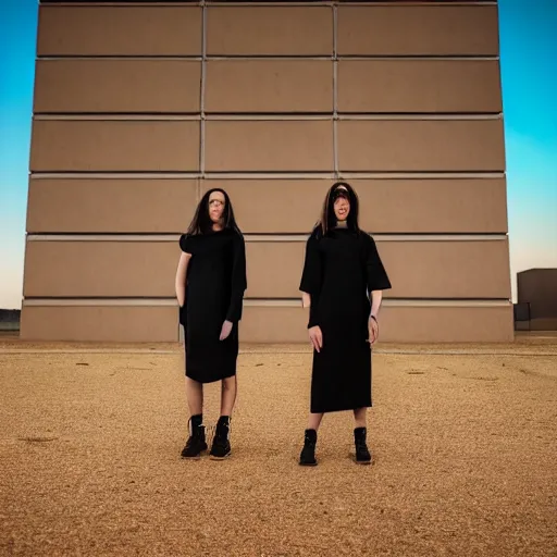 Image similar to photographic portrait of 2 clones in front of a brutalist metal building, 2 techwear women, on a desolate plain, red sky, sigma 8 5 mm f / 1. 4, 4 k, depth of field, high resolution, 4 k, 8 k, hd, full color