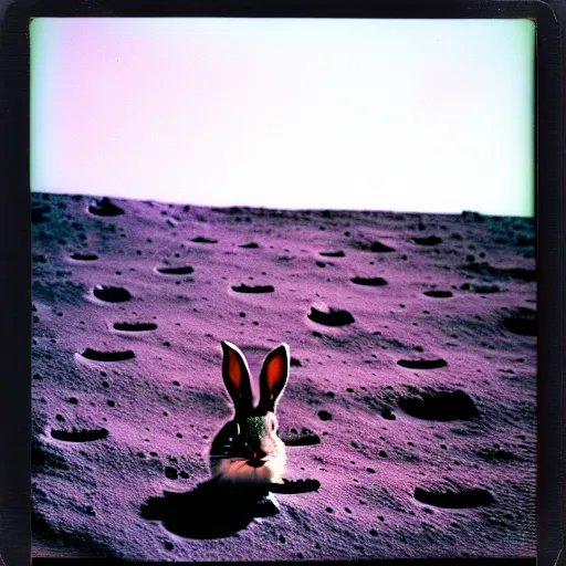 Image similar to wide shot, Polaroid photo of a bunny on the moon, high contrast, 8k, realistic, rich colors