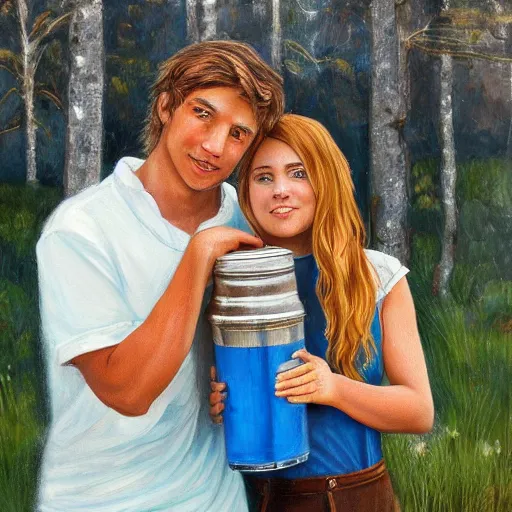 Image similar to a highly detailed painting of a young couple holding a tin can, hjalteyri, summer, blonde hair, trending on artstation,