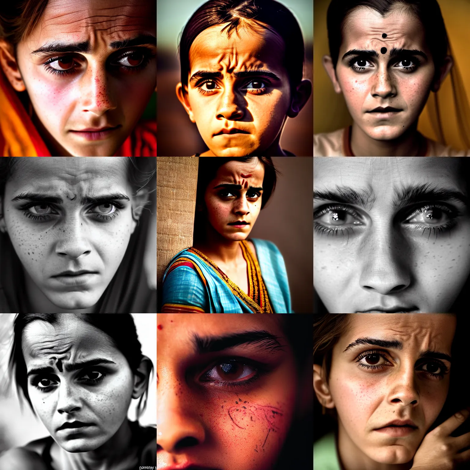 Prompt: close portrait of traditional hindi emma watson frowning, photograph by steve mccurry, macro lens, volumetric shadows, 8 k, 4 0 mm, iso 1 0 0 wide view, super lens