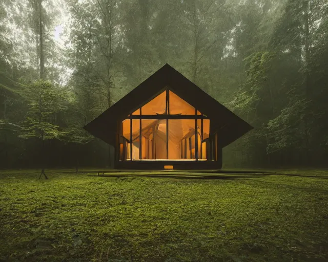 Image similar to an exquisite wooden house in the middle of a lush forest, minimalist design, architectural photography, dark and dim lighting, beautiful, tranquil, moody, cinematic, fantasy, 3 5 mm lens, volumetric lighting, first person view, photographic render, hyper realistic