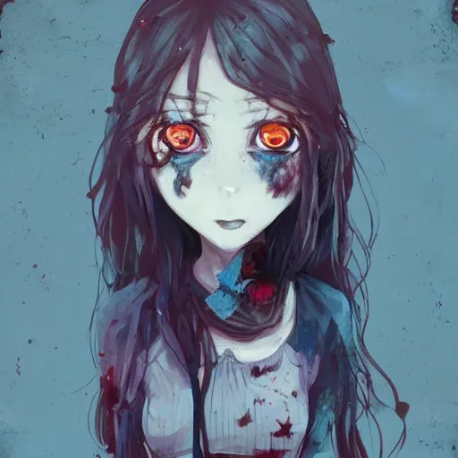 Image similar to urban school zombie girl in tattered clothes fanart, dark blue long hair, muted colors, matte print, pastel colors, ornate, digital art, cute smile, digital painting, fan art, elegant, pixiv, by Ilya Kuvshinov, by Studio Ghibli