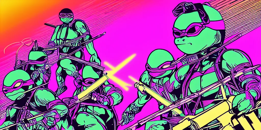 Image similar to vaporwave, vector graphics, teenage mutant ninja turtles, synthwave, nyc, neon, portrait, closeups