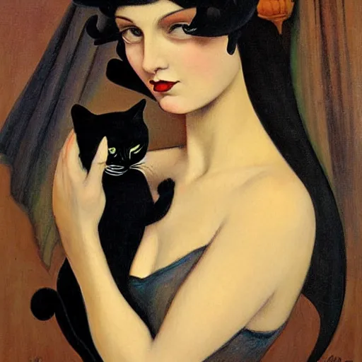 Image similar to a painting of a woman holding a black cat, an art deco painting by georges emile lebacq, featured on deviantart, gothic art, pre - raphaelite, gothic, goth, wiccan, tarot card