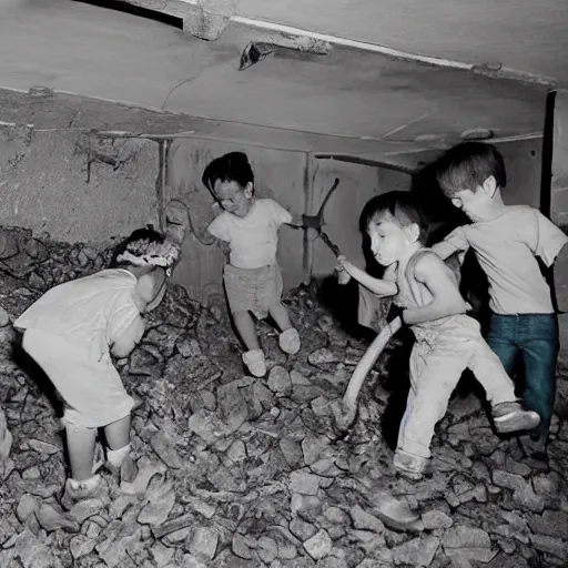 Image similar to crazy children destroying a basement, photograph, high quality