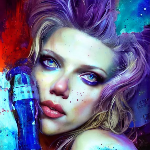 Image similar to drunken scarlett johansson as delirium from sandman, one green colored eye and one blue colored eye, ( hallucinating colorful soap bubbles ), by jeremy mann, by sandra chevrier, by dave mckean and richard avedon and maciej kuciara, 8 0's, punk rock, tank girl, high detailed, 8 k