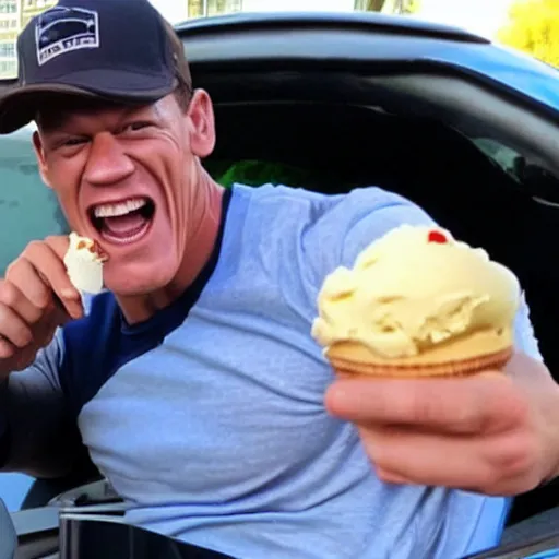 Prompt: John Cena holding an ice cream inside a car