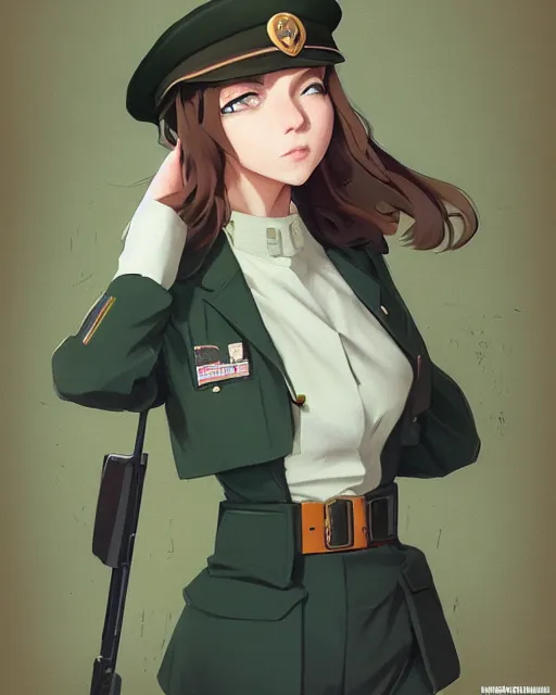 Image similar to young woman with shoulder length light brown hair and hazel eyes dressed in a sharp dark teal military uniform and beret, anime, ilya kuvshinov, greg rutkowski, guweiz, ross tran, loish, svetlana tigai, artgerm, artstation trending, concept art, digital painting