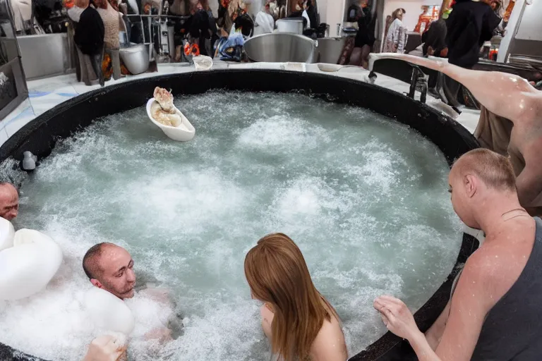 Prompt: a giant bathtub filled to the brim with small pelmeni