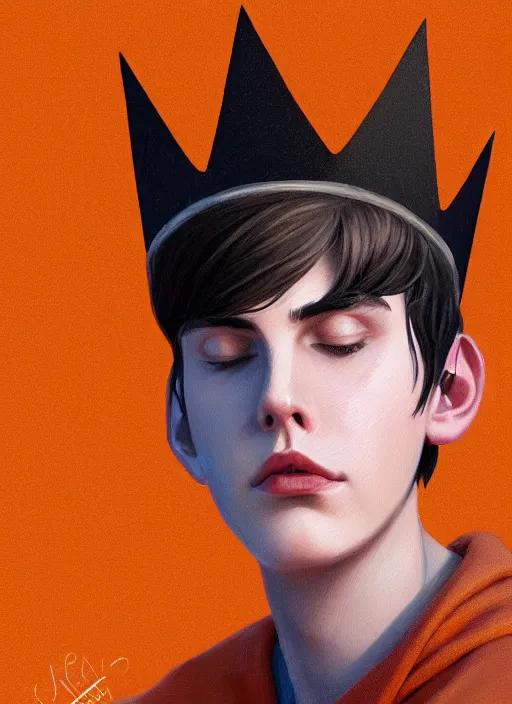 Image similar to portrait of teenage jughead jones wearing a light grey crown, crown, hamburger background, eyes closed, crown, black hair, orange, intricate, elegant, glowing lights, warm lighting, highly detailed, digital painting, artstation, concept art, smooth, sharp focus, illustration, art by wlop, mars ravelo and greg rutkowski