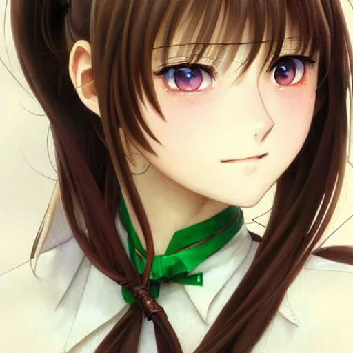 Image similar to beautiful anime high school girl, complete body view, brown hair, ponytail, white ribbon, green eyes, full perfect face, slightly smiling, western, fantasy, intricate, elegant, highly detailed, digital painting, artstation, detailed school background, matte, sharp focus, illustration, art by Artgerm and Greg Rutkowski, Alphonse Mucha, Sasoura, Satchely, no distorsion