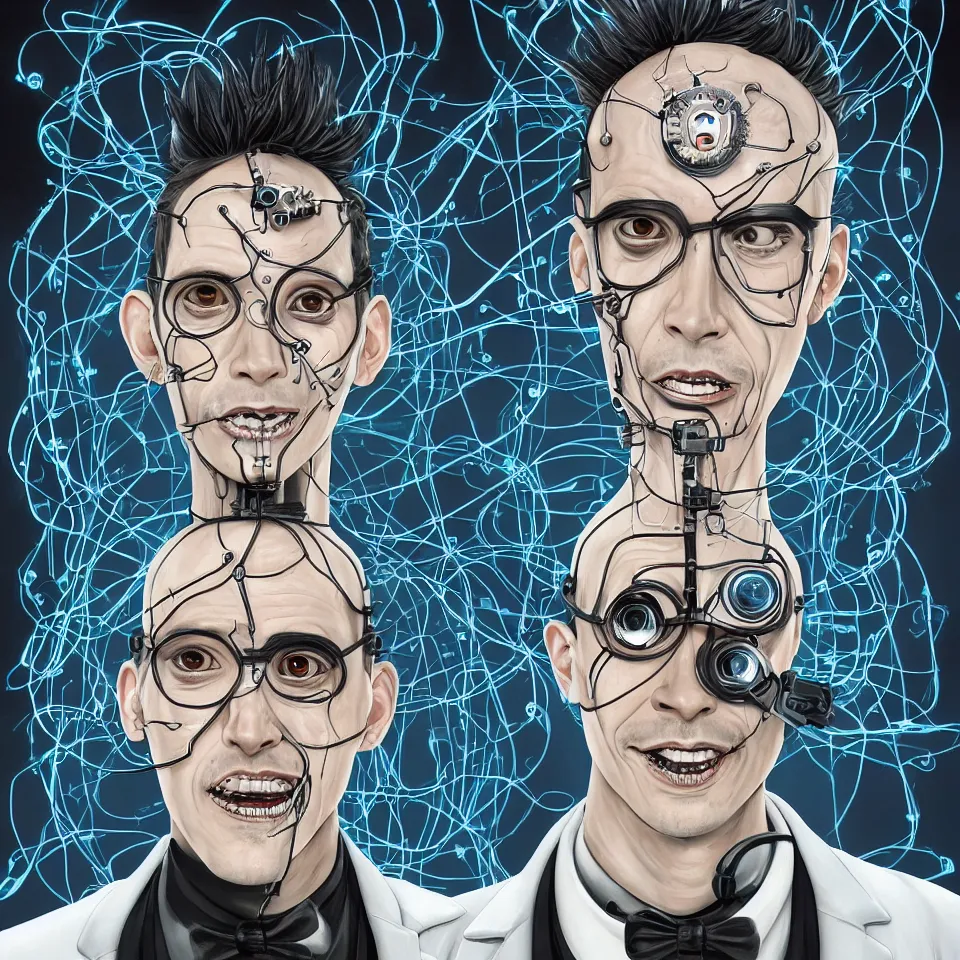 Image similar to A portrait photo of a latino mad scientist male with cyborg face looking at the camera with a queasy smile!!, wearing a black suit under a white laboratory coat, in a mixed style of Botticelli and Æon Flux!!, inspired by Simon Stålenhag paintings, and cyberpunk!!!, stunningly detailed, stunning inking lines, flat colors, 4K photorealistic