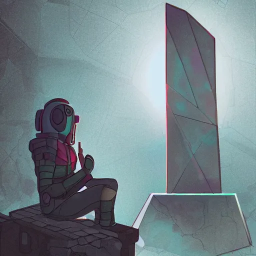 Prompt: a cyberpunk explorer meditating next to a floating triangular glowing monolith with one eye, highly detailed, midnight, by ghostshrimp