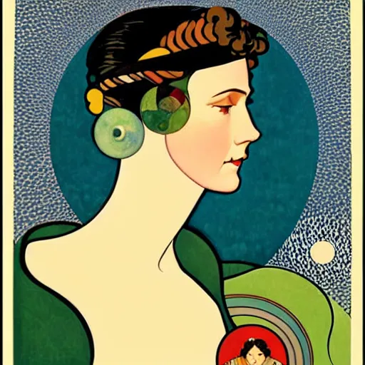 Image similar to Art in the style of Coles Phillips, Gaia, Full figured Mother Earth, portrait, Mucha, Kandinsky, risoprint