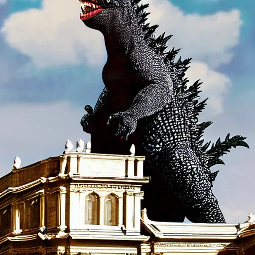 Prompt: godzilla sitting atop st. Peter’s church in rome, eating a mushroom. Digital art.