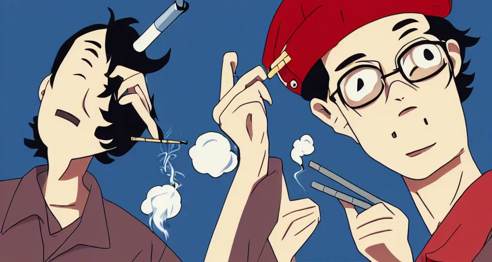 Image similar to Retro anime drawing of a man smoking a cigarette by tatami galaxy and science saru, smoke, beanie, navy blue eyes, saturated color